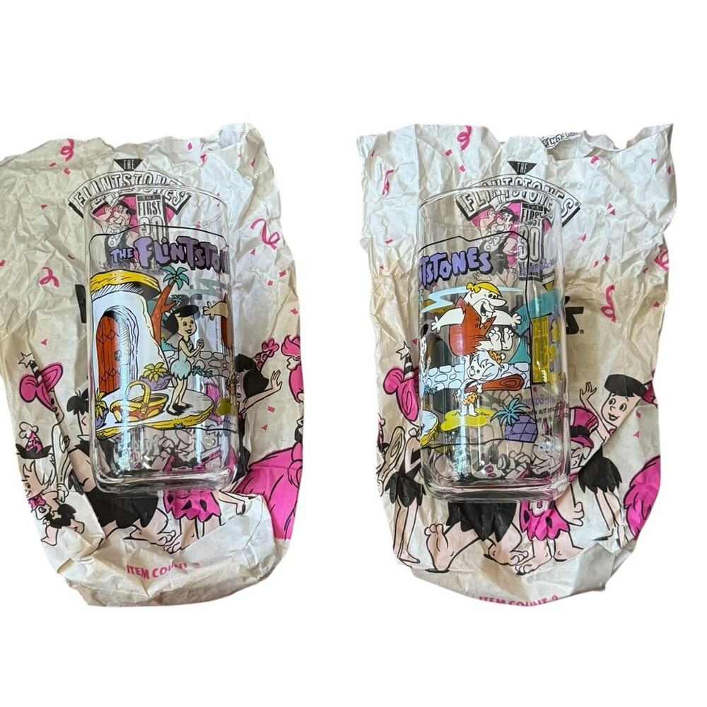 VTG 1991 The Flintstones Hardees Glasses +‎ 2 Original Bags 30 Years Barney Bam